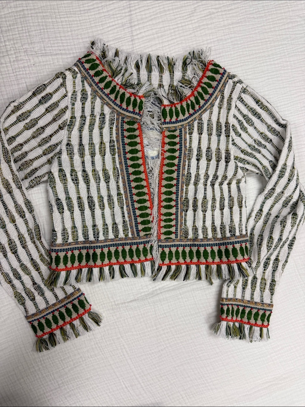 just be White Textured Fringe Cropped Jacket with Green & Red Trim